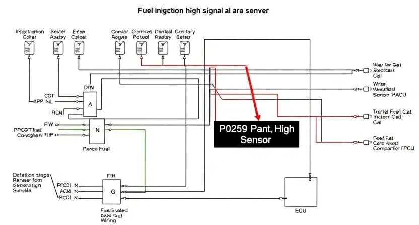 A detailed schematic diagram of an engine's fuel injection system, highlighting the P0259 error code and the high signal from a specific sensor. Include labels for all components like injectors, sensors, ECU, and wiring. The diagram should be clean, well-organized, and visually represent the system's connections.