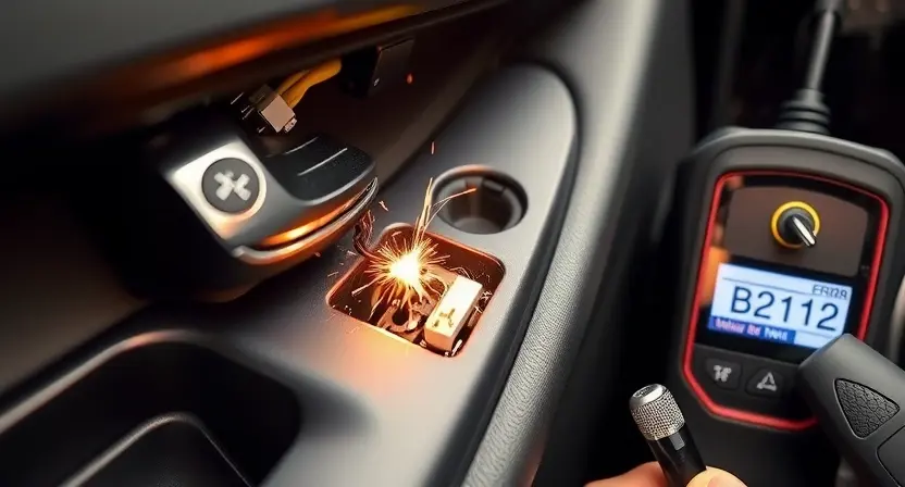 A close-up of a car door handle with visible electrical wiring inside, showing a short circuit at the button mechanism, sparks or heat damage near the contacts, and a diagnostic tool displaying error code B2112 on its screen, all in a realistic automotive repair setting with soft workshop lighting