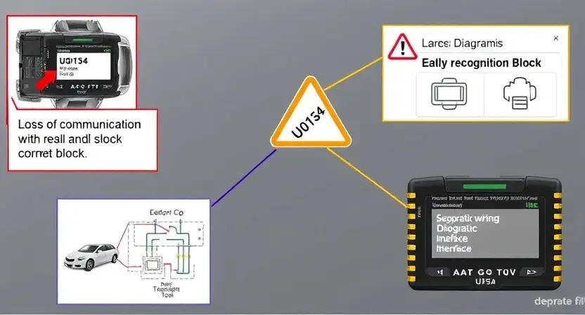 A technical illustration showing a vehicle's electronic control unit with a highlighted error code U0154, a warning sign indicating loss of communication with the recognition block, schematic wiring diagrams, and a diagnostic tool interface