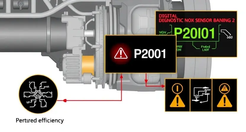 A high-quality technical illustration showing a diesel engine exhaust system with a glowing NOx sensor warning light on cylinder bank 2, digital diagnostic overlay displaying error code P2001, schematic wiring diagrams, and warning symbols indicating reduced efficiency, clean technical style with precise engineering details, neutral background