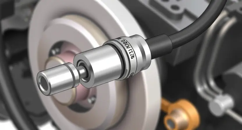 A close-up, detailed illustration of a differential pressure sensor connected to a vehicle's brake lines. The sensor should be clearly visible, showing its components and connections. The background should depict a simplified automotive brake system, focusing on the lines and connections relevant to the sensor. The overall image should convey a sense of technical precision and diagnostic inspection.