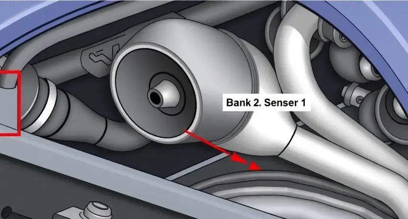 A close-up illustration of a car's exhaust system, specifically focusing on the oxygen sensor located in Bank 2, Sensor 1. The sensor should be clearly visible, along with the surrounding exhaust pipes and engine components. The image should convey a sense of automotive mechanics and diagnostics.
