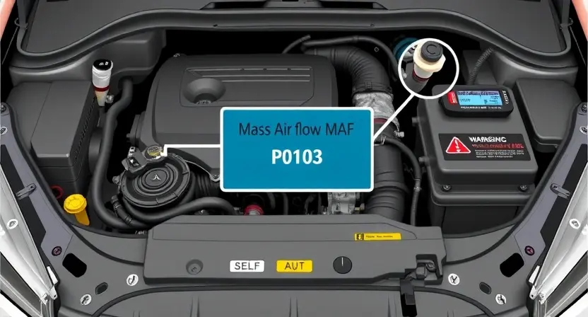 A high-quality technical illustration showing a car engine compartment with the Mass Air Flow (MAF) sensor highlighted, displaying error code P0103, with visible diagnostic tools and warning signs indicating sensor malfunction, clean and detailed, no text or numbers on the image