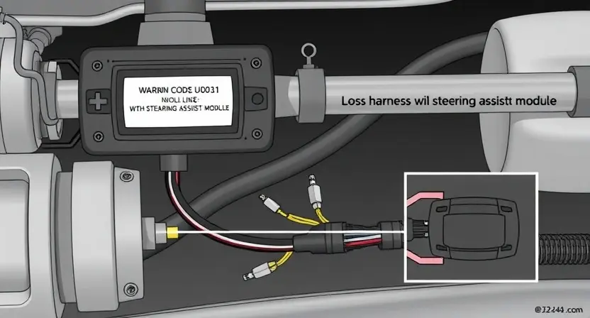 A detailed technical illustration of an automotive power steering system showing a fault code U0131 warning light on a diagnostic display, with highlighted wiring harness and connector representing loss of communication with the steering assist module, clean technical diagram style, high quality, 832x448 resolution