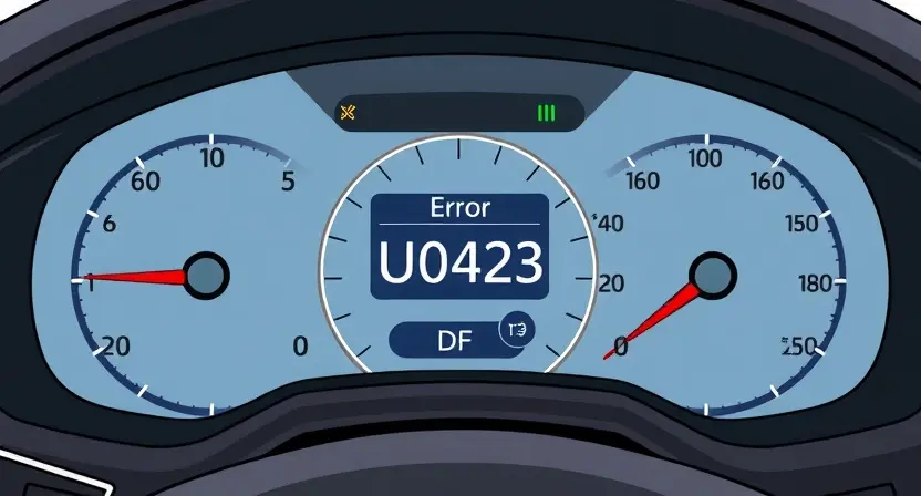 A detailed technical illustration of a car dashboard displaying an error code U0423, with warning lights and symbols indicating a malfunction in the instrument panel communication system, clean and professional visual without text or numbers on the image