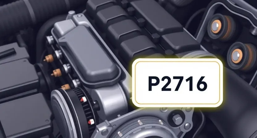 A detailed illustration of a car engine with a highlighted P2716 error code indicator. The engine should be realistically rendered, showing various components like pistons, valves, and belts. The error code indicator should be clearly visible and illuminated. Focus on mechanical components and potential causes of the error.