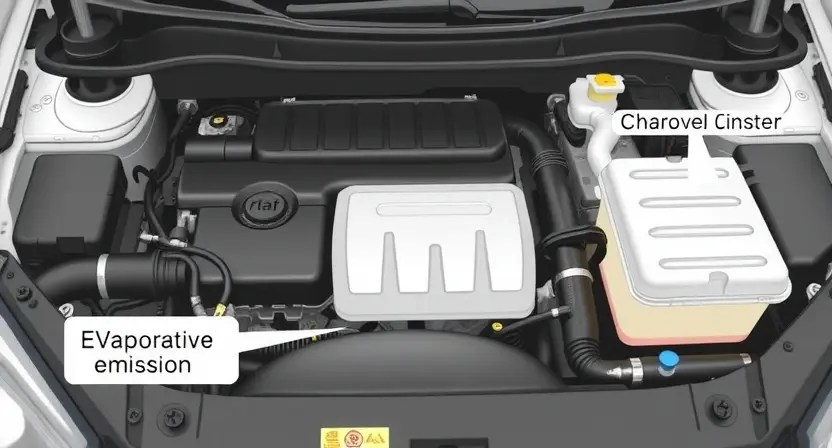 A detailed illustration of a car's engine bay, focusing on the evaporative emissions (EVAP) system components. Highlight the gas cap, charcoal canister, fuel tank, and associated hoses and valves. Use clear, bright colors to differentiate parts. The engine should appear clean and well-maintained.