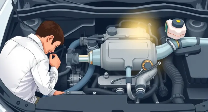 A detailed illustration of a car's engine compartment, focusing on the catalytic converter and exhaust system. The image should depict a mechanic inspecting the area, with clear visual cues indicating a lean fuel mixture. Use visual elements to represent the 'lean mixture' – perhaps subtle color gradients or visual effects suggesting insufficient fuel. The overall scene should be clean and professional, emphasizing the diagnostic process. Show the engine bay with visible components like hoses, w
