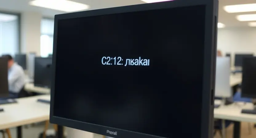 A computer screen displaying an error message "C2112: Ошибка". The background is a blurred office environment with a desk and computer equipment. Focus on the error message and the computer screen.