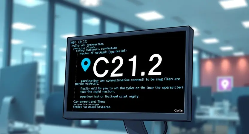A detailed illustration depicting a computer screen displaying an error message "C2112". The screen should show a technical error message with highlighted code snippets and a visual representation of a network connection issue. The background should be a blurred office environment with subtle lighting.