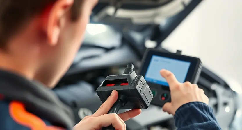 A close-up shot of a mechanic using an OBD-II scanner to diagnose a car. The scanner is connected to the car's diagnostic port, and the mechanic is looking at the scanner's display. The car's engine bay is visible in the background, slightly blurred. Focus on the scanner and the connection to the car. The overall lighting should be bright and professional, emphasizing the diagnostic process. The image should convey a sense of technical expertise and problem-solving.
