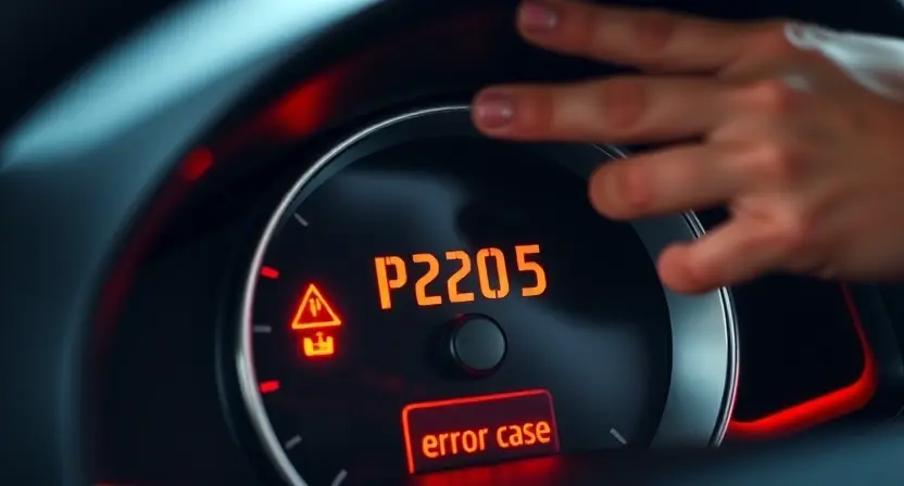A close-up shot of a car's dashboard displaying a warning light and the error code "P2105". The background should show a mechanic's hands working on the engine, subtly blurred. Focus on the dashboard and the error code for clarity.
