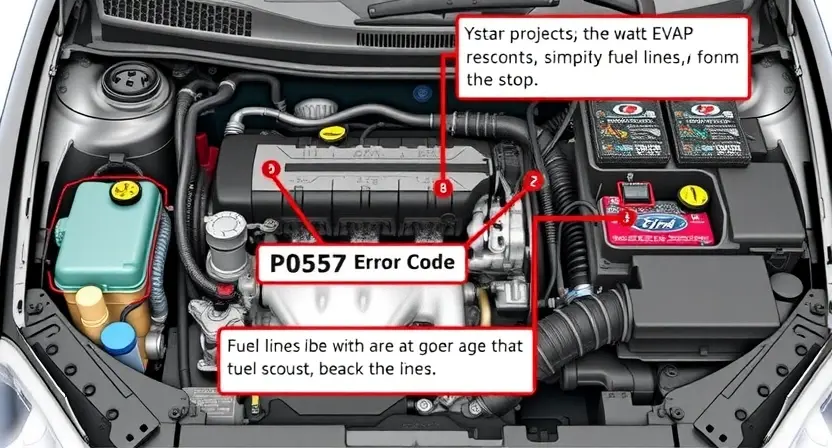 A detailed illustration of a car's engine bay with various components clearly visible, highlighting the area related to the P0557 error code. Focus on the components that might be causing the issue, such as the EVAP system, fuel lines, and sensors.