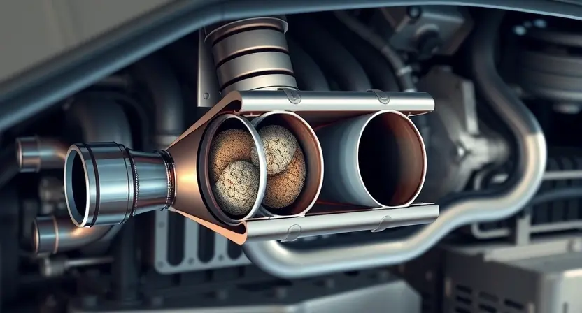 A detailed illustration of a car engine's exhaust system, specifically focusing on the catalytic converter. The image should show the internal structure of the converter, highlighting the materials and components involved in the catalytic process. The background should subtly suggest the engine compartment. Focus on visual representation of the catalytic converter's function and its location within the exhaust system.