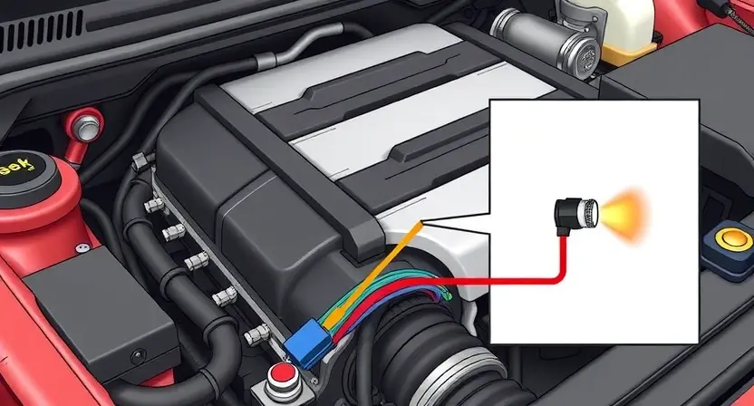 A detailed illustration of a car engine bay, focusing on the valve cover and associated wiring. Highlight the left front valve assembly. Show a visual representation of a short circuit, perhaps with a subtle spark or heat effect near the connection points. The overall image should be clean and informative, suitable for a repair manual.
