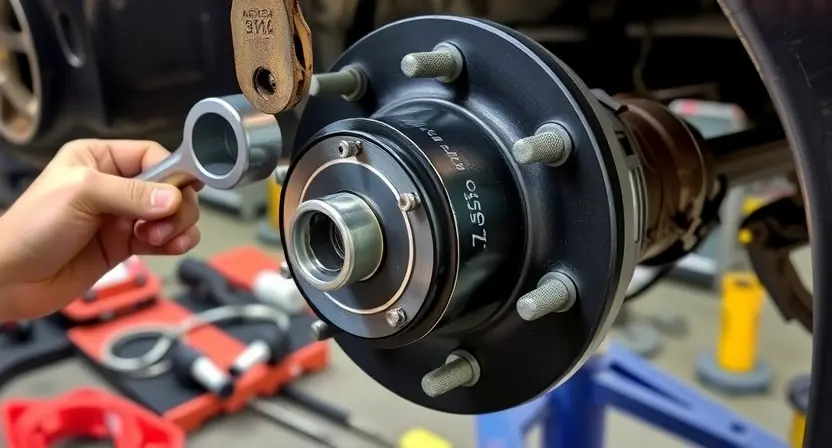 A mechanic is working on the wheel hub of a car. The hub assembly is partially disassembled, revealing the speed sensor. Tools like a wrench and socket are visible. The background shows a garage setting with other car parts and equipment. Focus on the sensor and the surrounding hub components.