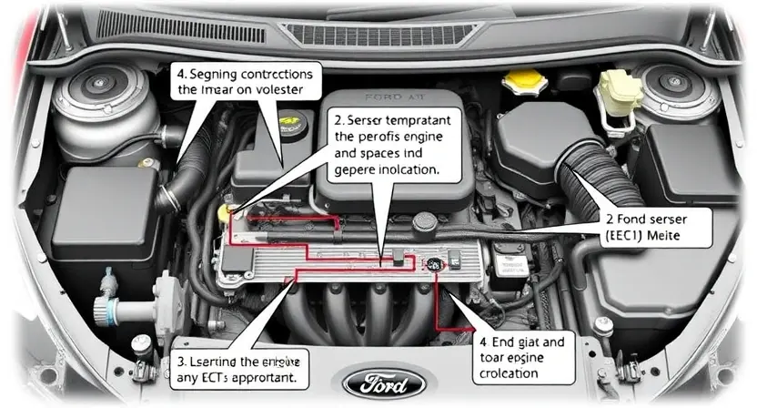 A detailed diagram illustrating the Engine Coolant Temperature (ECT) sensor and its related components within a Ford vehicle's engine bay. The diagram should clearly show the sensor's location, wiring connections, and its relationship to the engine control unit (ECU) and other relevant systems. Focus on visual clarity and accurate representation of automotive parts.