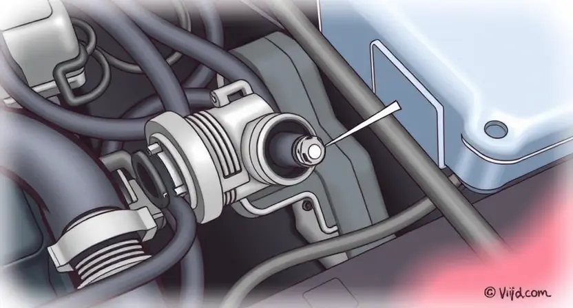 A detailed illustration of a car's engine bay, focusing on the coolant level sensor. The sensor should be clearly visible, with hoses and wiring around it. Show a potential issue with the sensor, such as a loose connection or a damaged component. The background should be slightly blurred to emphasize the sensor.