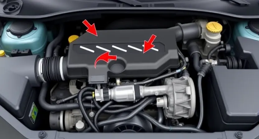 A detailed illustration of a car's engine bay, focusing on the mass airflow sensor (MAF sensor). The MAF sensor should be clearly visible, with arrows indicating airflow direction. Include relevant engine components like the intake manifold, throttle body, and wiring harness. The background should be a slightly blurred view of the engine bay.