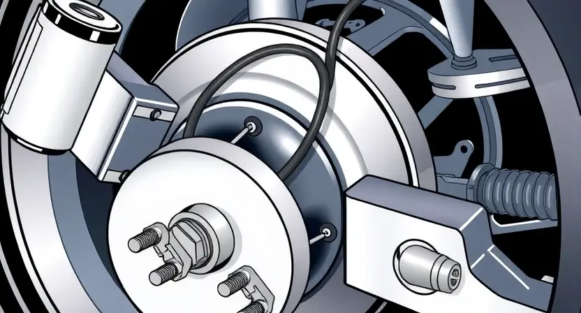 A close-up, detailed illustration of a car's front right wheel hub assembly. The focus should be on the speed sensor and its wiring, highlighting its position relative to the wheel. Include surrounding components like the brake rotor and suspension parts, but keep the sensor as the central element. The image should convey a sense of technical precision and diagnostic inspection.
