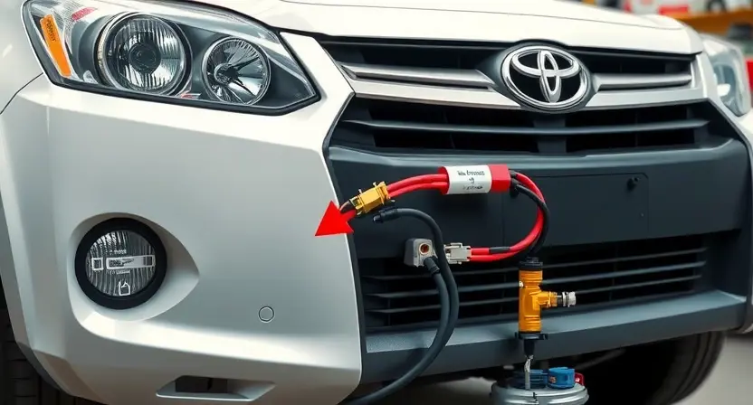 A detailed illustration of a Toyota vehicle with a visual representation of a broken heating circuit. Focus on the wiring and components related to the heater system, highlighting the break or disconnection. The background should be a slightly blurred automotive workshop environment.