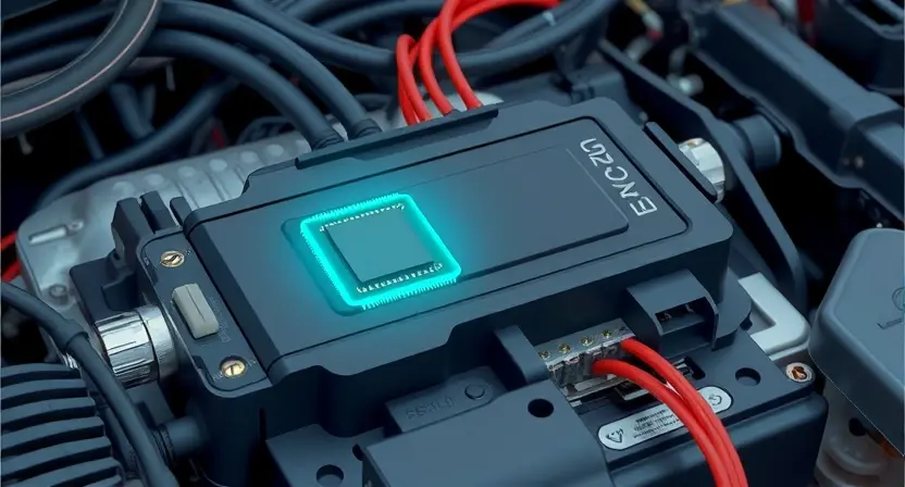 A detailed illustration of a car's engine control unit (ECU) with a highlighted memory chip. Wires and connections should be visible, suggesting the complexity of the system. The image should convey a sense of technical precision and diagnostic focus. Focus on the memory chip and its connection to the ECU.