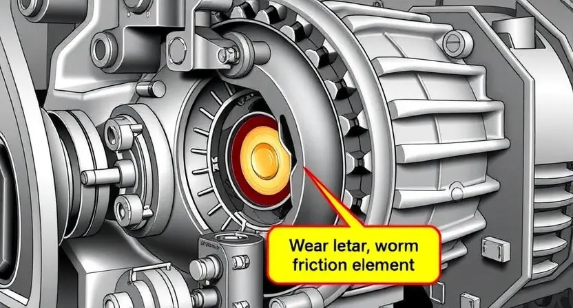 A detailed illustration of a transmission system with a worn friction element, highlighting the cause of the P2701 error. Include visual cues representing wear and tear on the friction element, such as scoring or uneven wear. The background should be a technical schematic of the transmission.