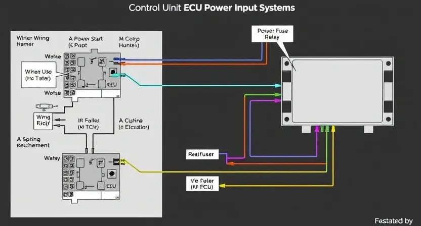 A detailed diagram illustrating the engine control unit (ECU) power input system, highlighting the components involved in the P2505 error code. Show the wiring harness, fuses, relays, and the ECU itself. Use clear labels and arrows to indicate the flow of power. Focus on the electrical connections and potential points of failure.