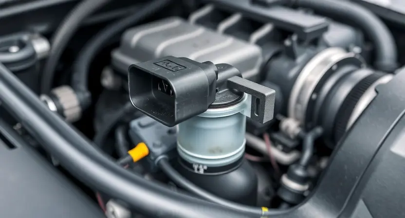 A close-up, detailed illustration of a car's engine bay. Focus on the mass airflow sensor (MAF sensor) and its surrounding components. The sensor should be clearly visible, with wires and hoses connected. The overall image should convey a sense of automotive diagnostics and repair. The lighting should be bright and even, highlighting the details of the sensor and engine components. The background should be slightly blurred to keep the focus on the MAF sensor.