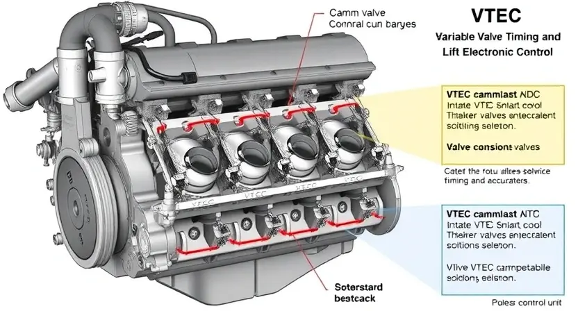 A detailed illustration of an engine's VTEC (Variable Valve Timing and Lift Electronic Control) system. Show the camshaft, intake and exhaust valves, and the VTEC solenoid. Highlight the different valve positions and the mechanism that controls them. Include labels for key components like the VTEC control unit, sensors, and actuators. The image should be scientifically accurate and visually clear, emphasizing the functionality of the system.
