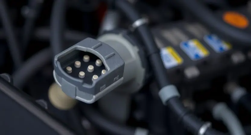 A detailed close-up photograph of a car's fuel temperature sensor connector. The connector should be clearly visible, showing the pins and wiring. The wiring should be slightly out of focus in the background. The connector and wiring should appear clean and well-maintained, with no visible corrosion or damage. The background should be a blurred view of a car engine bay.