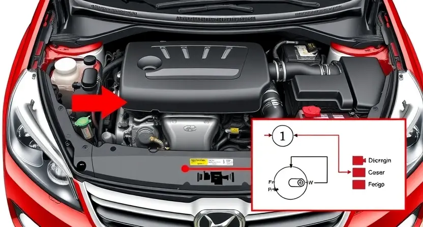 A detailed illustration of a car's engine bay, highlighting the P0271 error code indicator light. The engine should be partially disassembled to show the relevant components. Focus on the diagnostic tools and a schematic diagram related to the error code.