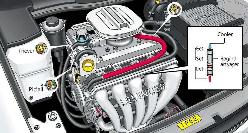 A detailed illustration of a car engine with a focus on the cooling system components, including the thermostat, coolant hoses, radiator, and temperature sensor. The image should show the engine in a semi-transparent view to highlight the internal parts, with a visual representation of the coolant flow. Additionally, include a small inset diagram showing the electrical connections and wiring related to the temperature sensor.