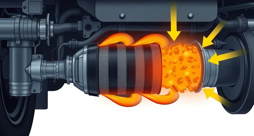 A detailed illustration of a diesel engine's exhaust system, specifically focusing on the Diesel Particulate Filter (DPF) regeneration process. Show the DPF filter, exhaust pipes, and related components. Depict the process of burning off accumulated soot within the DPF, with visual cues indicating heat and combustion (e.g., glowing particles, subtle orange/yellow hues within the filter). Include arrows to show the flow of exhaust gases and the direction of the regeneration process. The overall i
