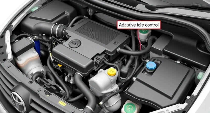 A detailed illustration of a car's engine bay with various components clearly visible, highlighting the area related to the adaptive idle control system. Focus on the control unit, sensors, and wiring.