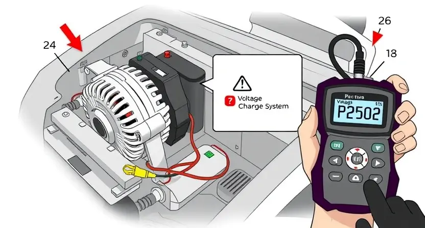 A detailed illustration of a car's charging system, highlighting the voltage components such as the battery, alternator, and wiring. The image should show a technician using a diagnostic tool to check the voltage levels, with a focus on the error code P2502 displayed on the tool's screen.