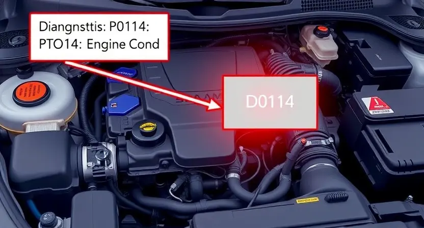 A detailed illustration of a car's engine bay with a diagnostic trouble code (DTC) light illuminated. Focus on the engine components, wiring, and the DTC light itself. Include a visual representation of the P0114 error code displayed on a dashboard or diagnostic screen.