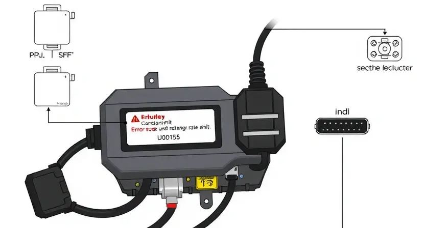 A high-quality technical illustration showing a vehicle's electronic control unit with a highlighted wiring harness and diagnostic tool displaying error code U0155, surrounded by subtle circuit diagrams and connection arrows, clean white background, professional automotive repair context