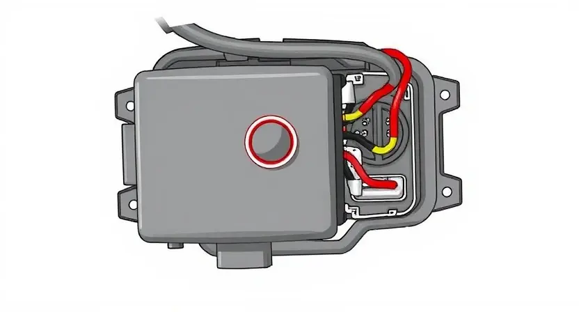 A detailed technical illustration of a car engine control unit (ECU) with a highlighted area showing a button and its wiring. The wiring should be clearly visible, with potential points of connection and possible damage indicated. The background should be a clean, neutral color.