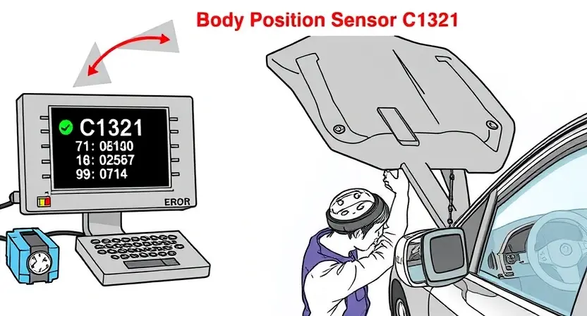 A detailed technical illustration of a vehicle's body position sensor (C1321 error) showing a diagnostic process with tools, error codes on a screen, and a mechanic working on a car, clean technical drawing style