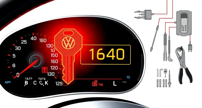 A high-quality technical illustration showing a modern Volkswagen or Audi vehicle dashboard with a warning light shaped like a key and the alphanumeric code P1640 displayed prominently, surrounded by subtle circuit diagrams and diagnostic tools, clean white background, sharp focus, professional automotive repair context