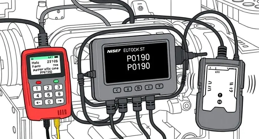 A detailed illustration of an engine control unit (ECU) with various diagnostic tools connected, highlighting a P0190 error code display. The background should be a clean, technical workshop environment.