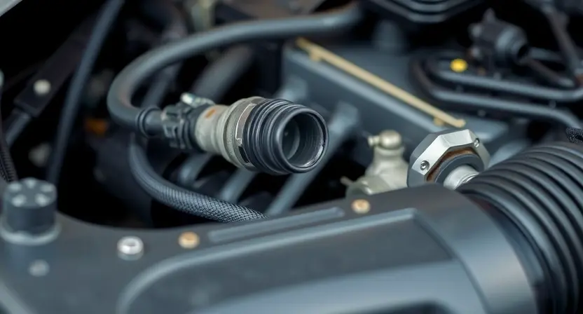 A close-up, detailed image of an automotive engine bay. The focus should be on the oxygen sensor, clearly visible and highlighted. Include surrounding engine components like hoses and wires, but keep them slightly blurred to maintain focus on the sensor. The overall lighting should be bright and even, showcasing the sensor's details.