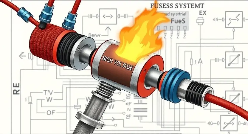 A detailed illustration of a high-voltage electrical system, focusing on a fuse. The fuse should be prominently displayed, with wires and components surrounding it to illustrate its role in protecting the system. Include visual cues representing overcurrent and the fuse blowing. The background should be a schematic diagram of the system.