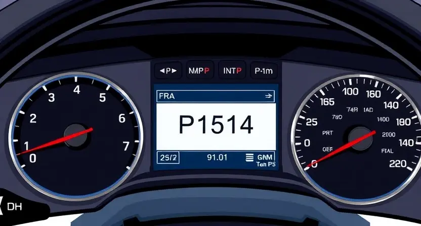 A detailed illustration of a GM/Chevrolet vehicle's dashboard with a diagnostic screen displaying error code P1514. The dashboard should be well-lit and show various gauges and controls. Focus on the error code being clearly visible on the screen.