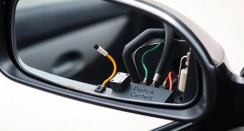 A detailed close-up of a car's side mirror with visible wiring and connectors, showing signs of wear or damage. The mirror should be slightly tilted to reveal the internal components, with a focus on the feedback circuit area. The background should be a generic car exterior with a neutral color scheme.