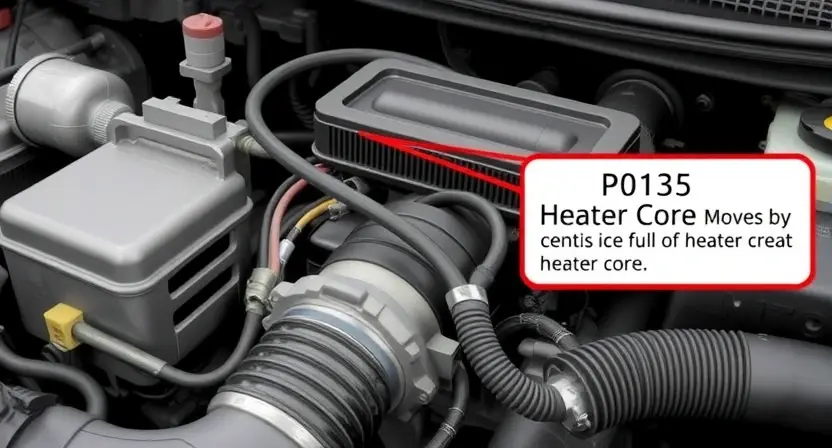 A detailed illustration of a car's engine bay, specifically highlighting the heater core and its associated wiring. The image should show a close-up of the heater core, with wires connected to it and a diagram indicating the P0135 error code. The background should be slightly blurred to focus on the engine components.