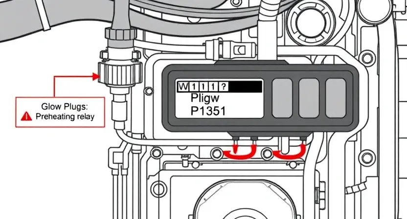 A high-quality technical illustration of a diesel engine control system showing a warning indicator for error code P1351, with visible glow plugs and preheating relay components, clean technical diagram style, precise engineering details, no text labels or numbers on image