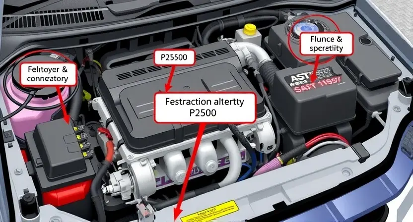 A detailed illustration of a car's electrical system with a focus on the components related to the P2500 error code. The image should show the wiring, sensors, and connectors involved in the system, with a highlighted area indicating the potential source of the error. The car's engine compartment should be visible, with clear labels for the battery, alternator, and other relevant parts. The overall scene should be realistic and detailed, providing a clear visual guide for diagnosing and fixing t