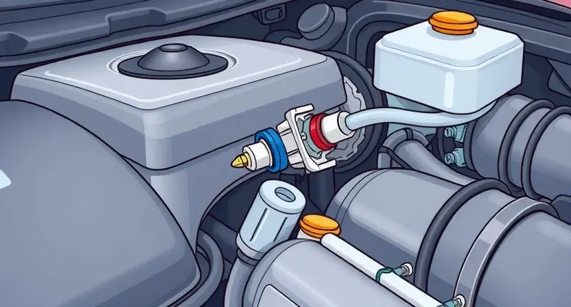 A close-up, detailed illustration of a car's engine bay, focusing on the coolant temperature sensor and surrounding components. The image should visually represent the engine's cooling system.